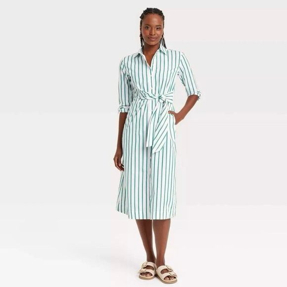 Universal Thread Dresses & Skirts - Universal Thread Green, Navy, and White Striped, Tie Waist, Midi Dress, XXL